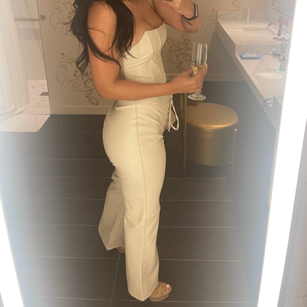 Beige two piece faux leather set